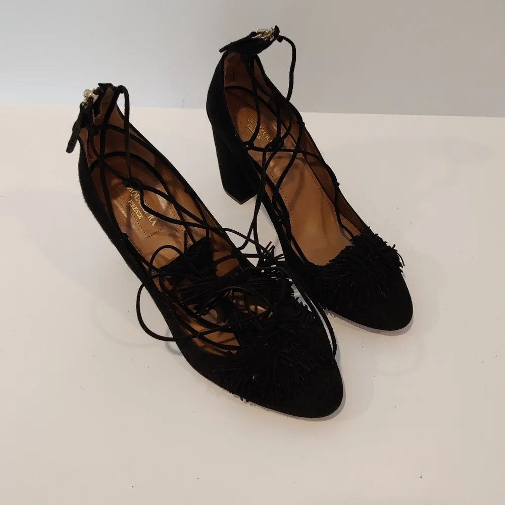 Aquazzura Black Suede Tassel Accents Pumps